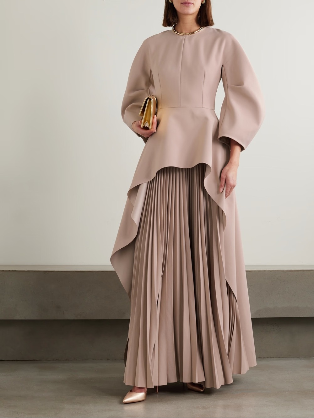 NWT Solace London Maia Draped Pleated Crepe Peplum Long Gown Oyster Women’s Sz 8